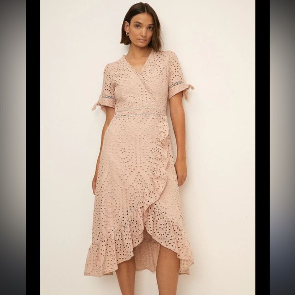 Oasis pink midi eyelet short sleeve back zip dress 14
